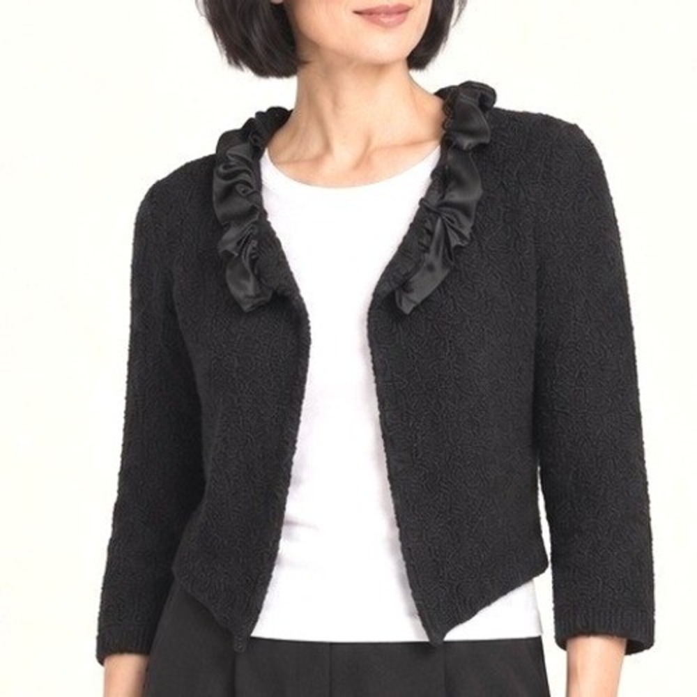Banana Republic Womens Cardigan M Black Ruffle Satin Trim Wool Cashmere Cropped